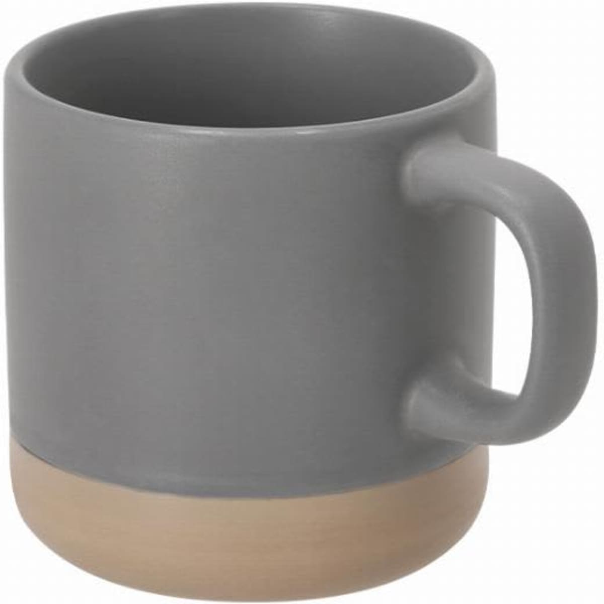 A drink mug in grey ceramic, with a light beige bottom and a sturdy handle. Features a minimalist design.