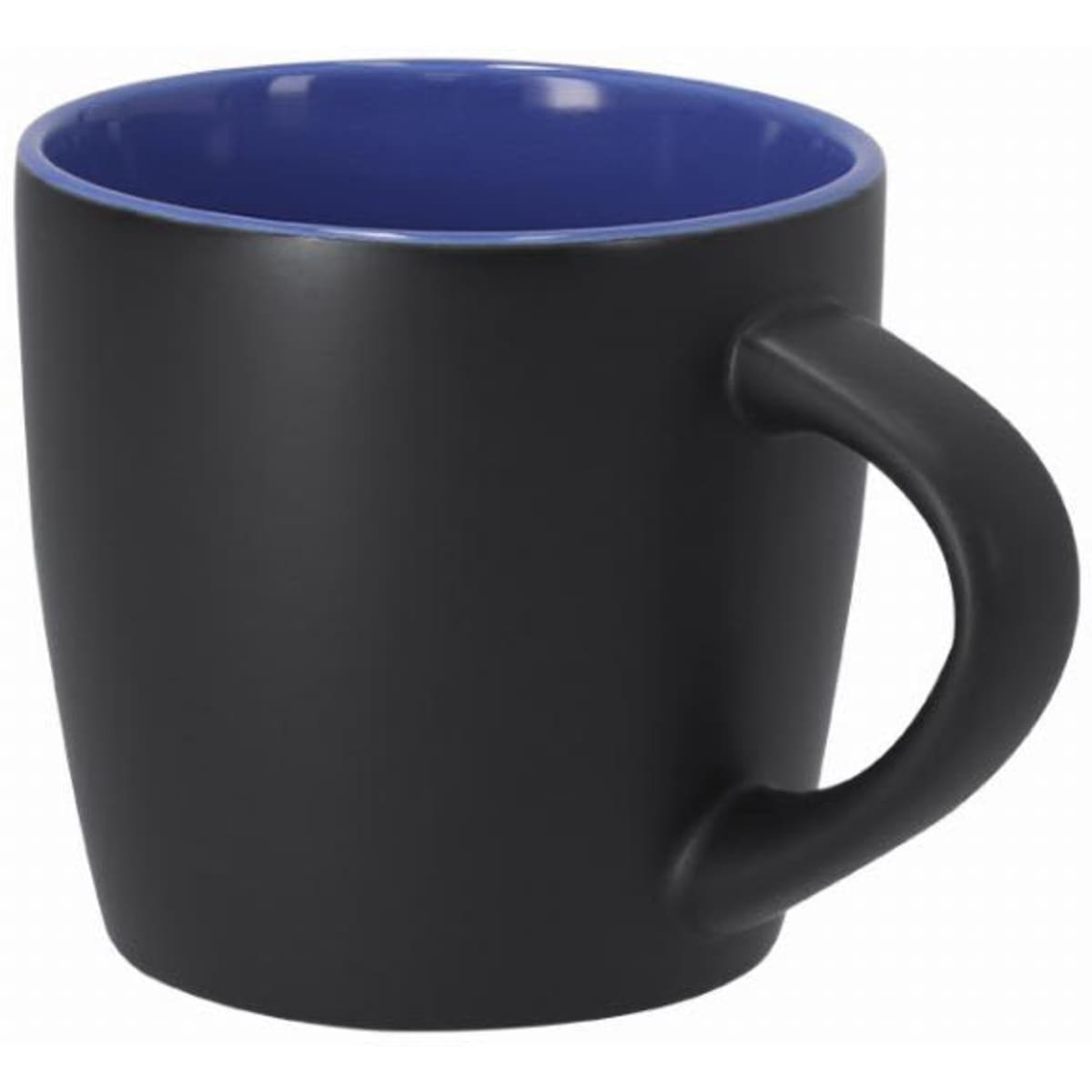 A mug with a matte black exterior and a glossy blue interior, featuring a curved handle.