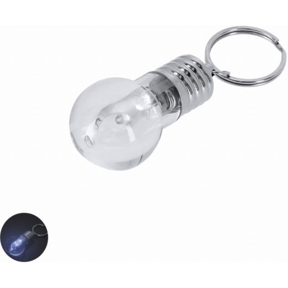 A keychain light in the shape of a light bulb with a clear plastic exterior and metal attachment.