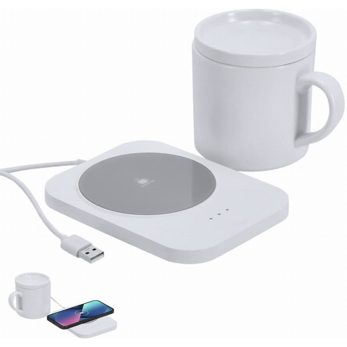 A white mug next to a wireless charger, featuring a grey circular charging surface and a USB cable.