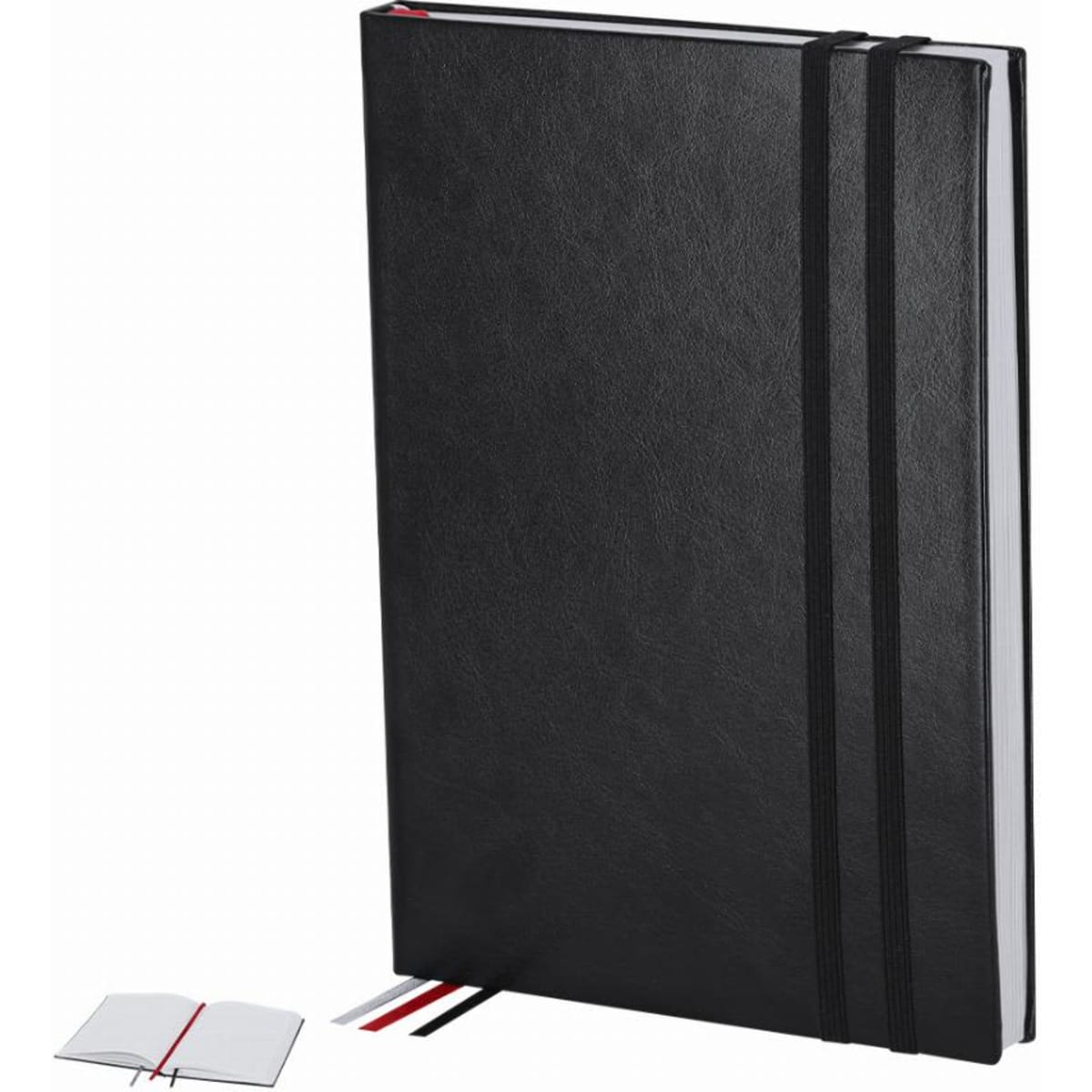 A black notebook with an elastic closure and two ribbons, alongside an open version in the foreground.