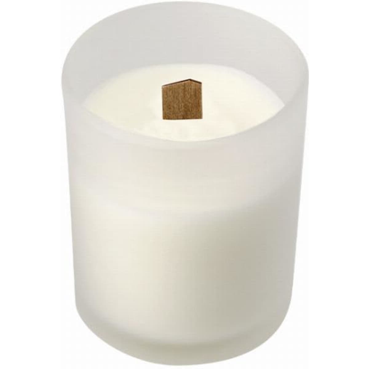 A frosted glass candle with a wooden wick, containing white wax. The candle is cylindrical in shape.