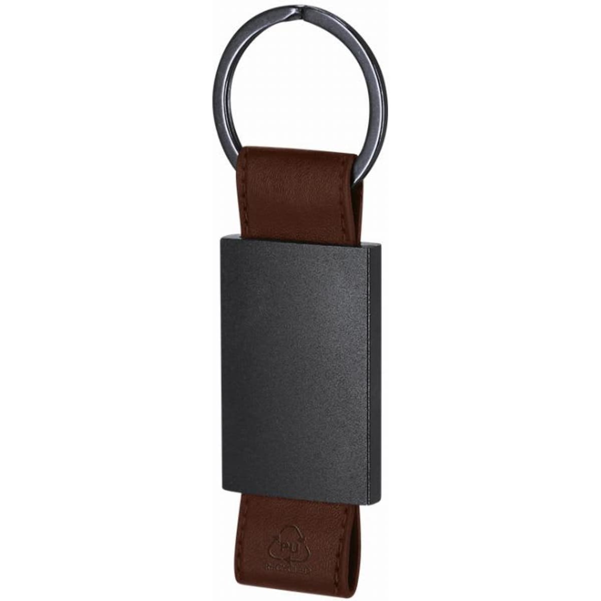 A keyring with a dark metal rectangular tag and a brown leather strap. It features a circular attachment ring.