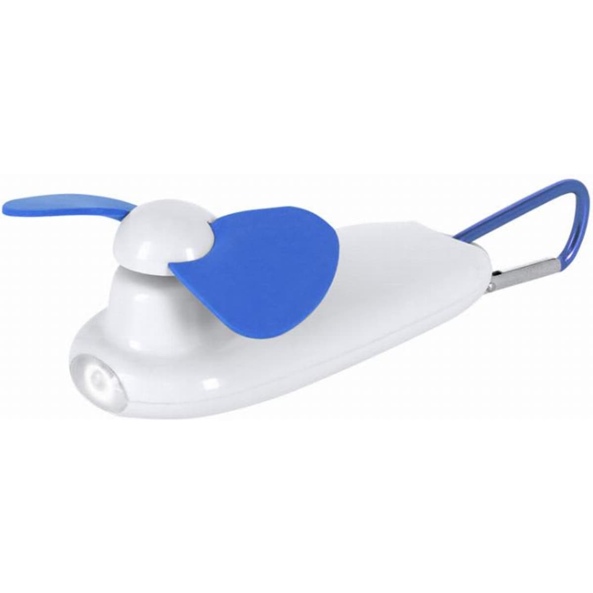 A portable device in white and blue with a fan blade and a small light, featuring a clip for attachment.