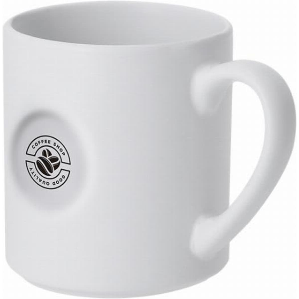 A white coffee mug with a matte finish and a circular logo on the side.