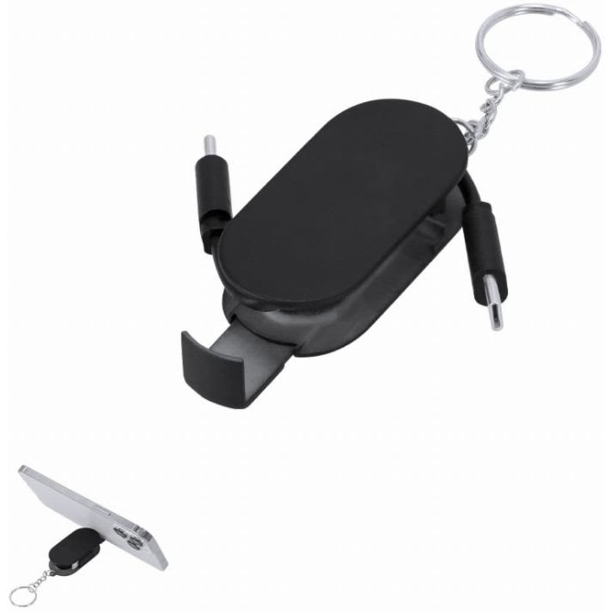 A black multi-tool featuring a keychain, with connectors for various devices and a built-in phone stand.