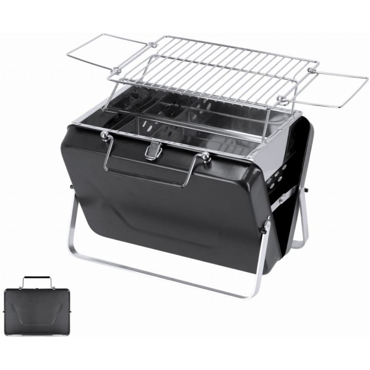 A portable charcoal barbecue grill in black, featuring a chrome grilling rack and a compact foldable design.