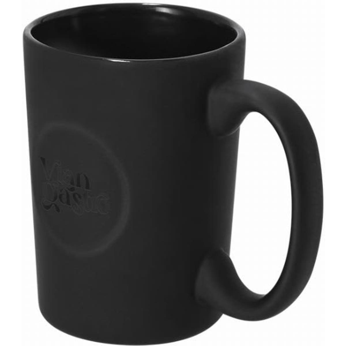 A drink bottle in matte black with a curved handle and a subtle logo on the side.