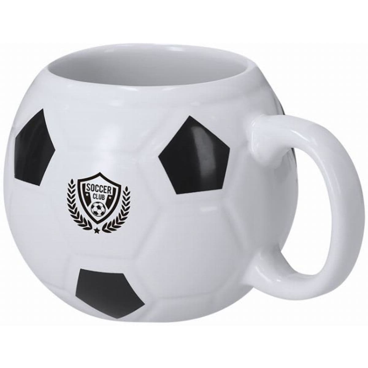 A drink mug shaped like a soccer ball, featuring black pentagons on a white surface and a logo on the front.