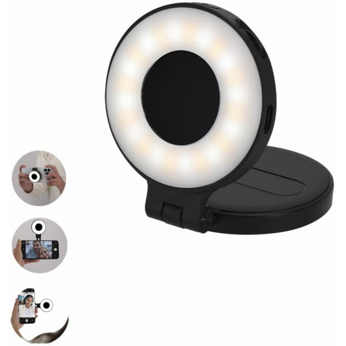 A portable round ring light in black, designed for enhancing lighting during photography and videography.