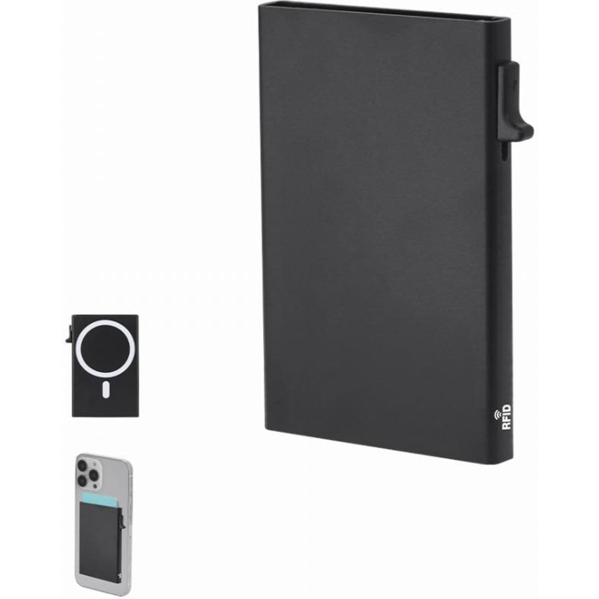 A black RFID blocking wallet with a clip, alongside a phone with a magnetic card holder.