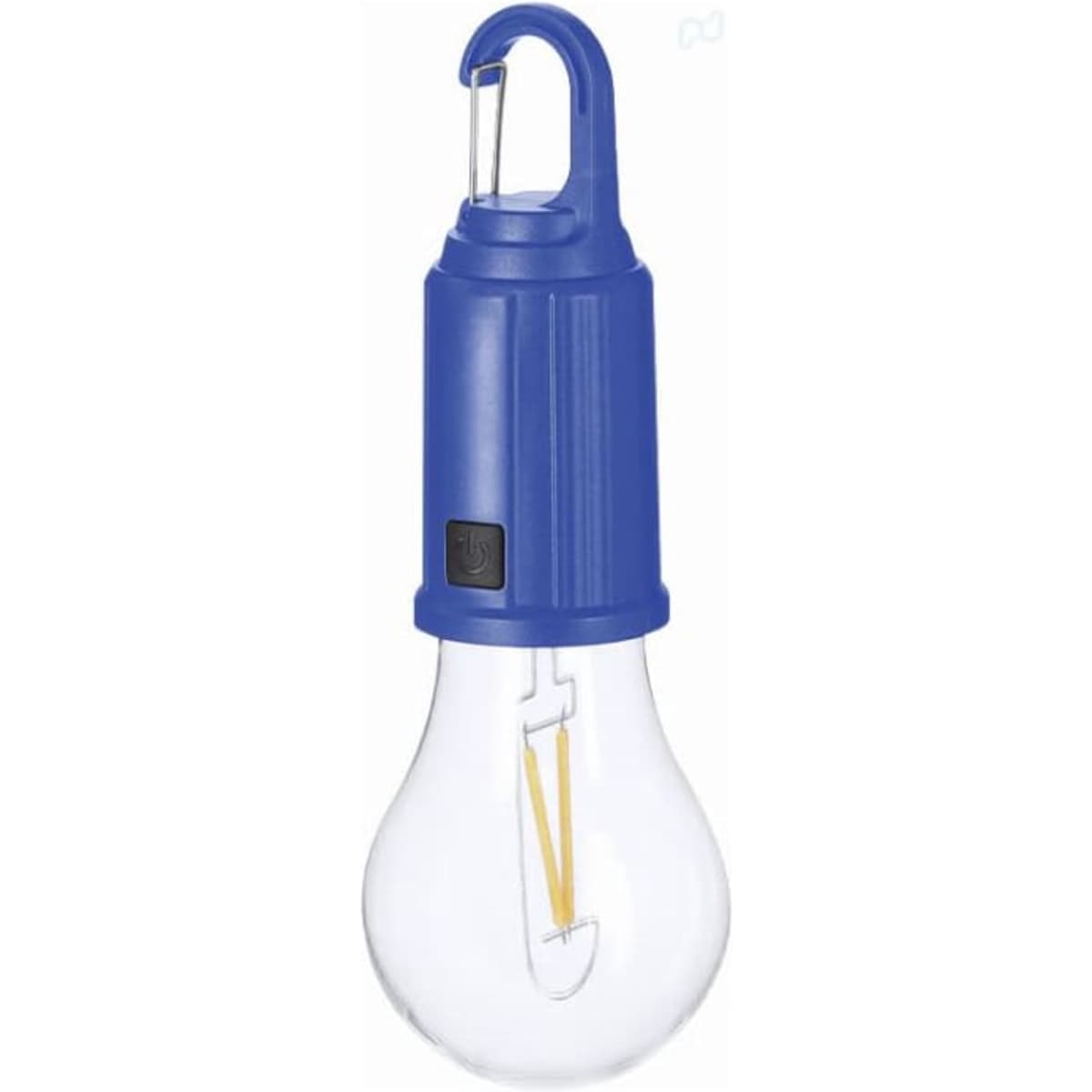 A hanging LED light with a blue housing and clear bulb. It features a hook for easy attachment.