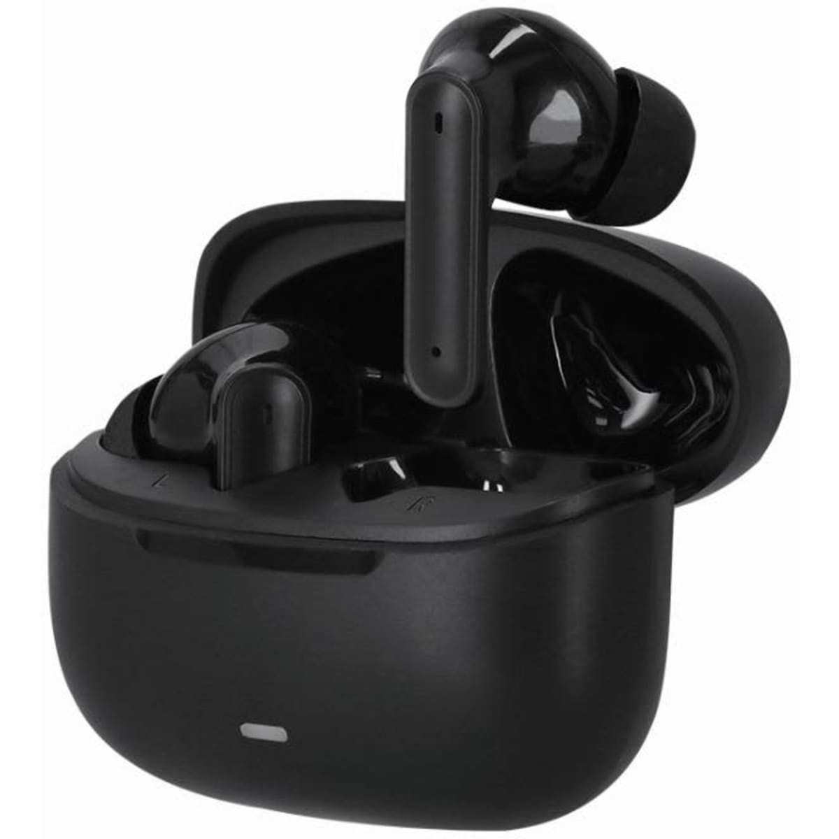 A pair of black wireless earbuds nestled in a charging case. The case is slightly open, revealing the earbuds inside.