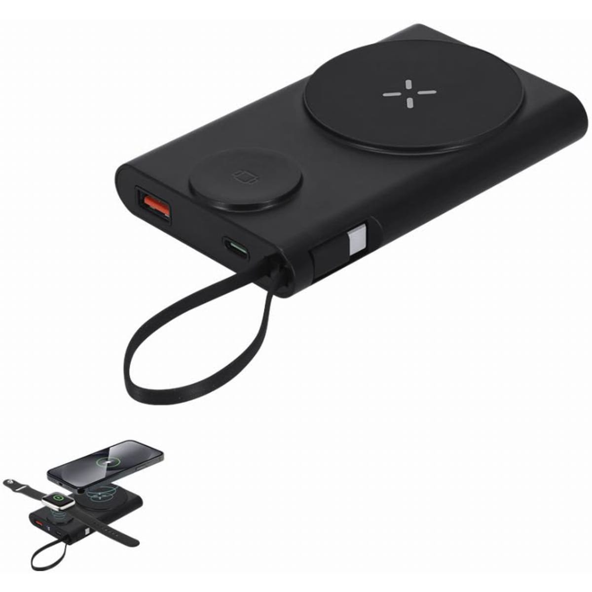 A power bank in black with a wireless charging pad, featuring USB ports and a carrying strap. It has a logo.