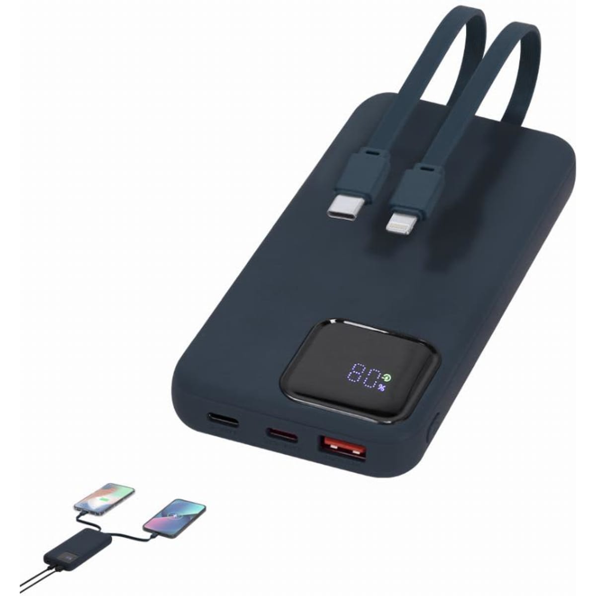 A portable charger in navy blue with two built-in cables, multiple ports, and a digital display showing battery percentage.