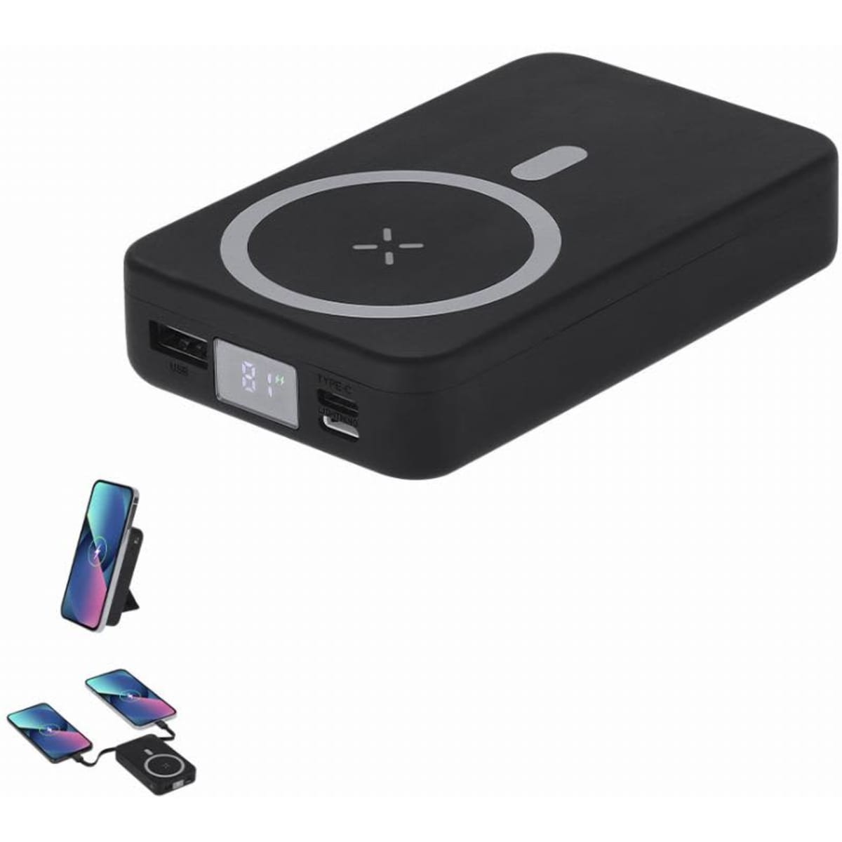 A black power bank with a wireless charging pad, featuring USB ports and a digital display. Includes images of phones being charged.