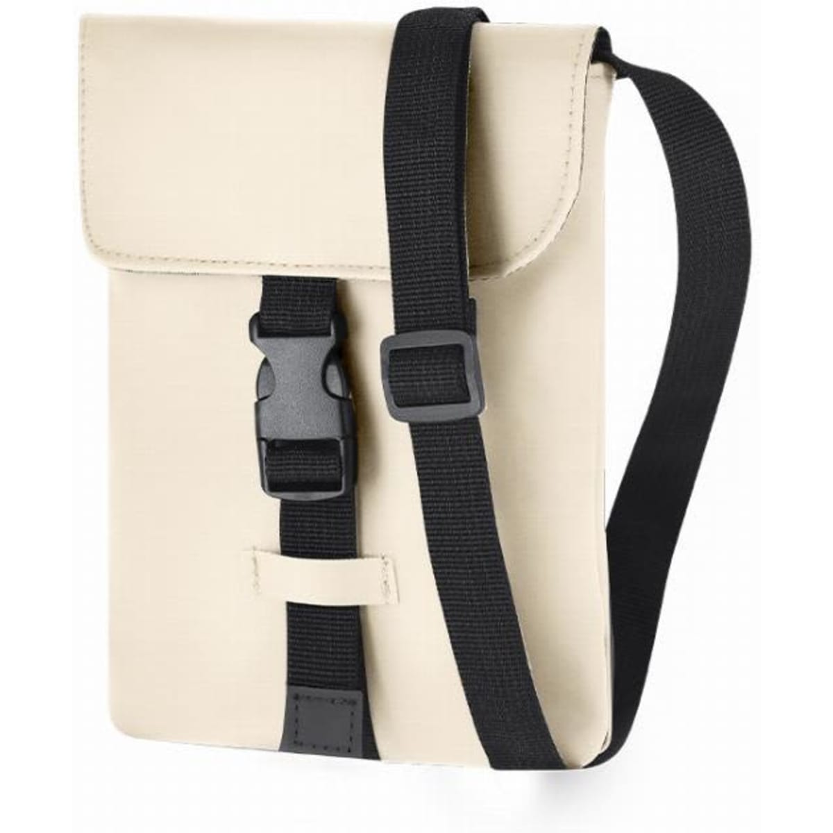 A cream-coloured messenger bag with a black strap and buckle closure. It features a simple, modern design.