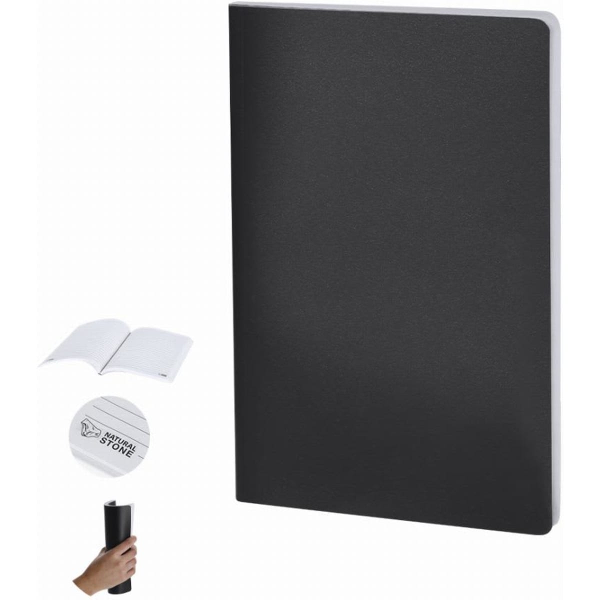 A black notebook with a white spine and interior pages, accompanied by a hand holding a pen.