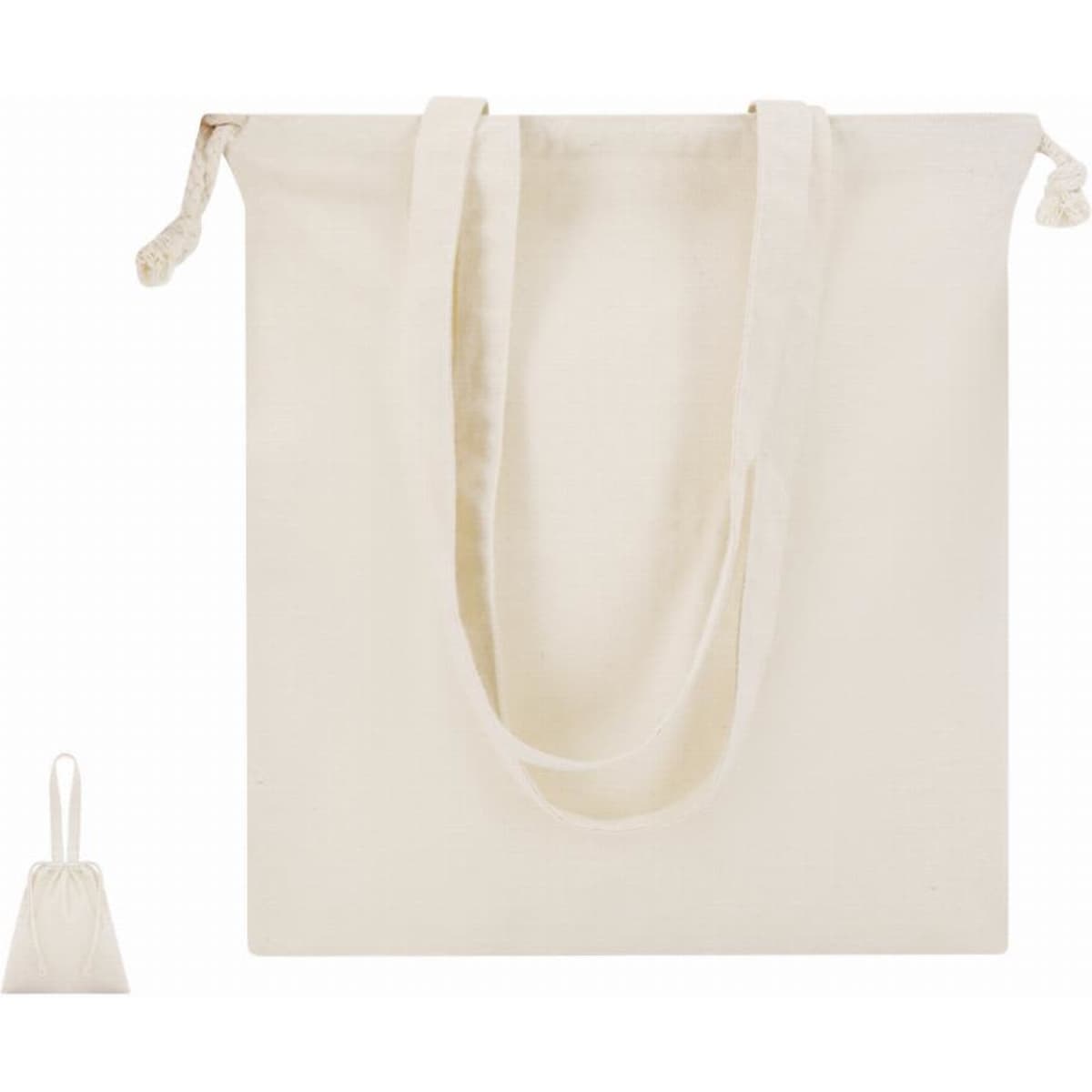 A cream tote bag with long handles, featuring a smaller matching pouch. The bag has a simple design and no visible branding.