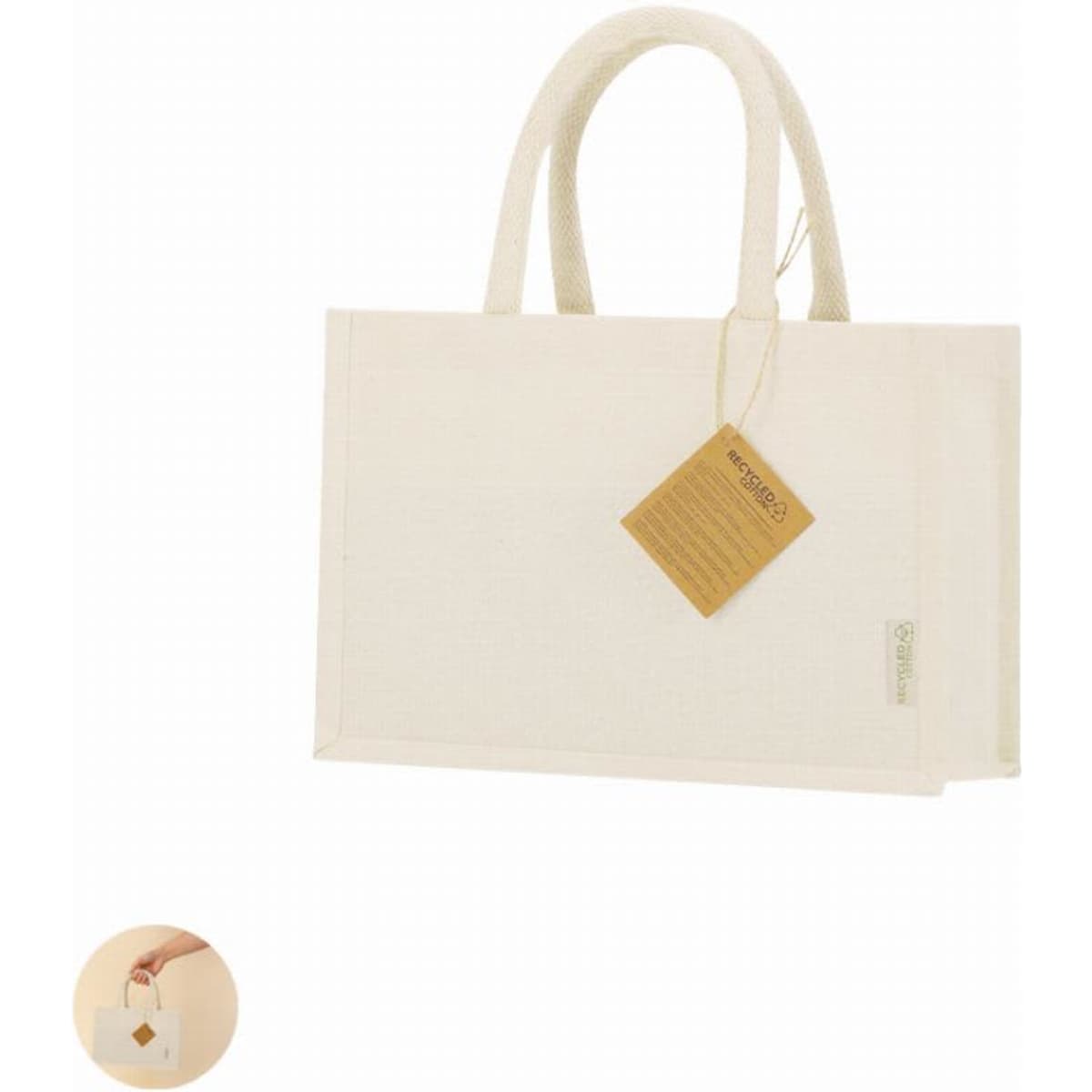 A cream-coloured tote bag with sturdy handles and a hang tag. The bag features a simple, minimalist design.