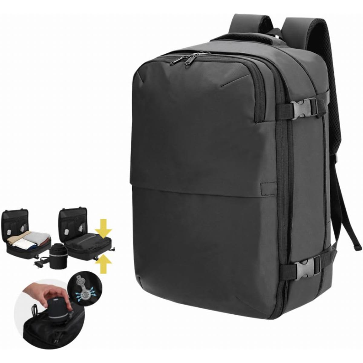 A black backpack with multiple compartments and straps features a logo. It includes a pocket for a drink bottle.