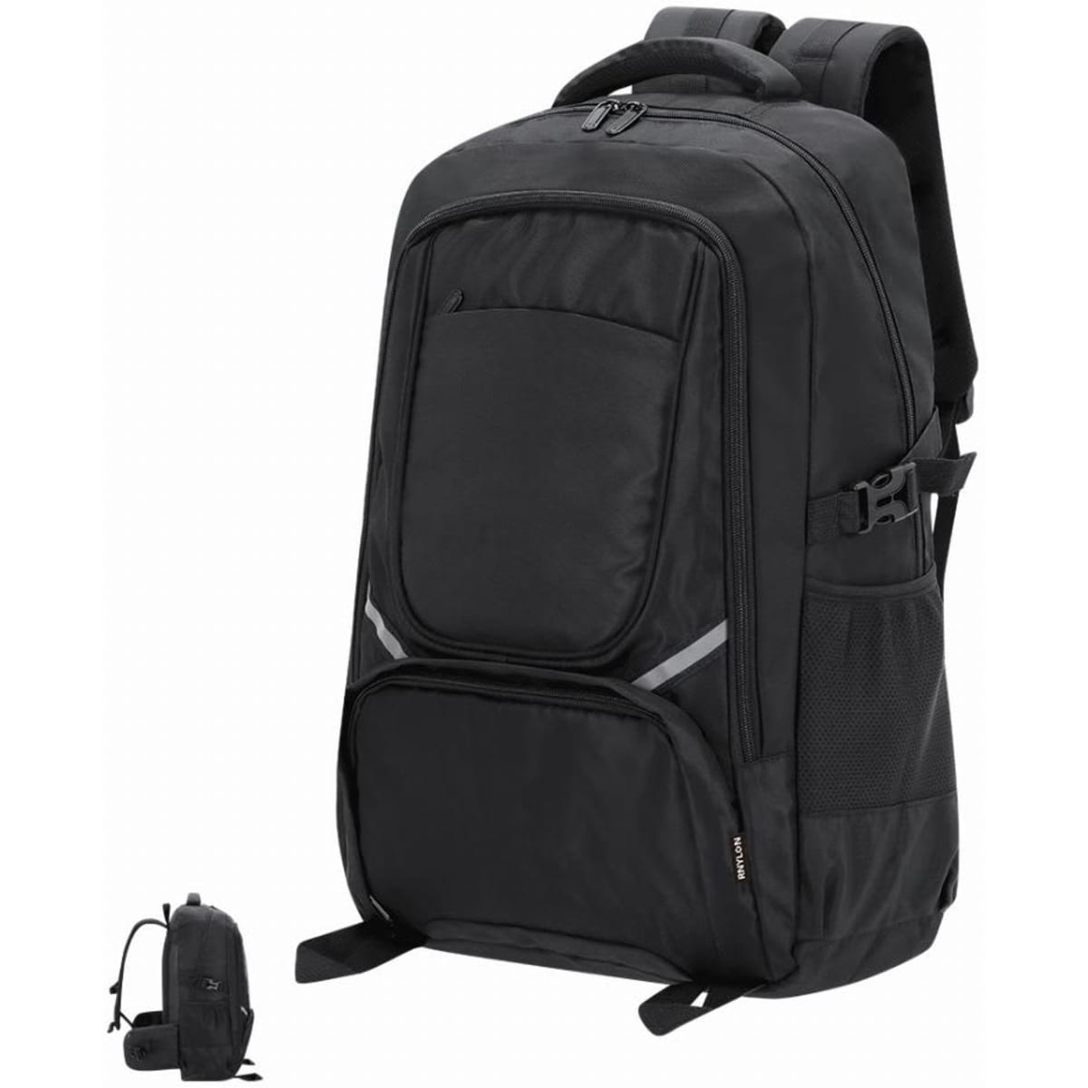 A black backpack featuring multiple compartments and adjustable straps, with a logo on the front.