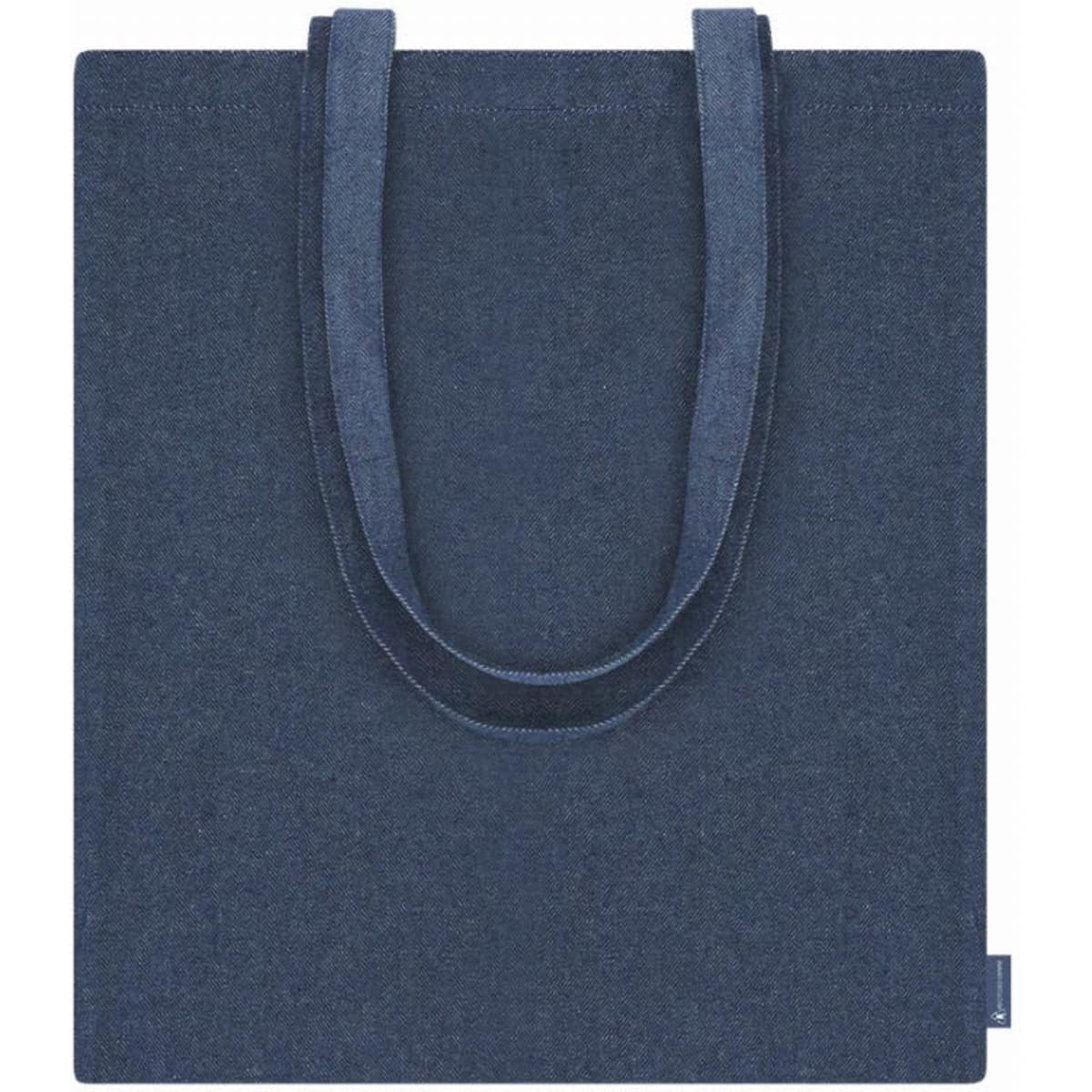 A tote bag in dark blue fabric with two shoulder straps and a simple design. It features a logo on one side.