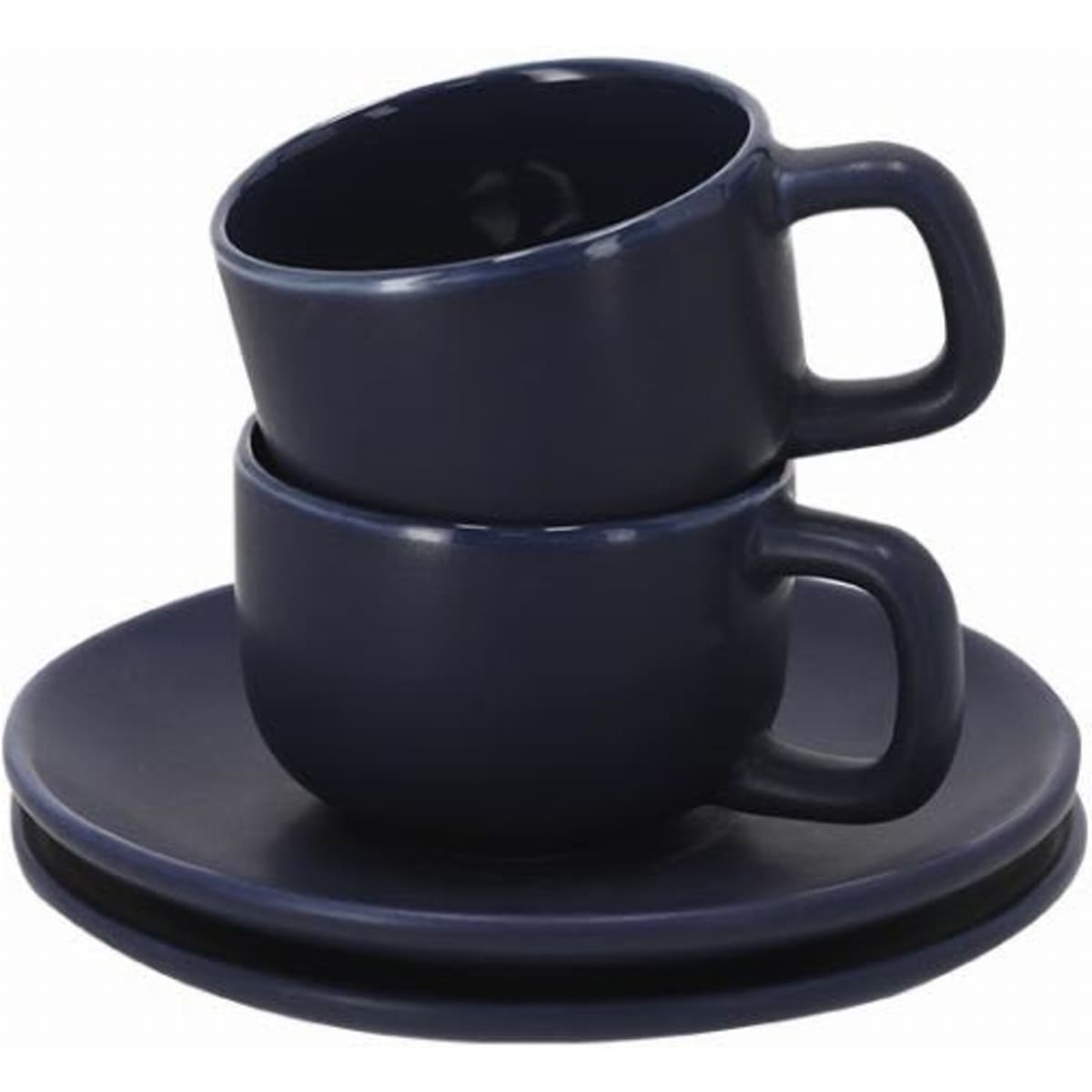 A set of navy blue ceramic cups stacked on a matching saucer. The cups feature handles and a smooth finish.