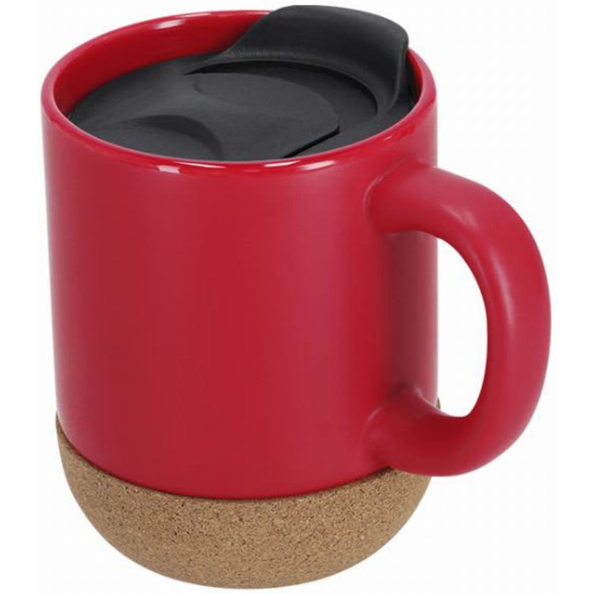 A red drink bottle with a black lid and cork base, featuring a round handle.