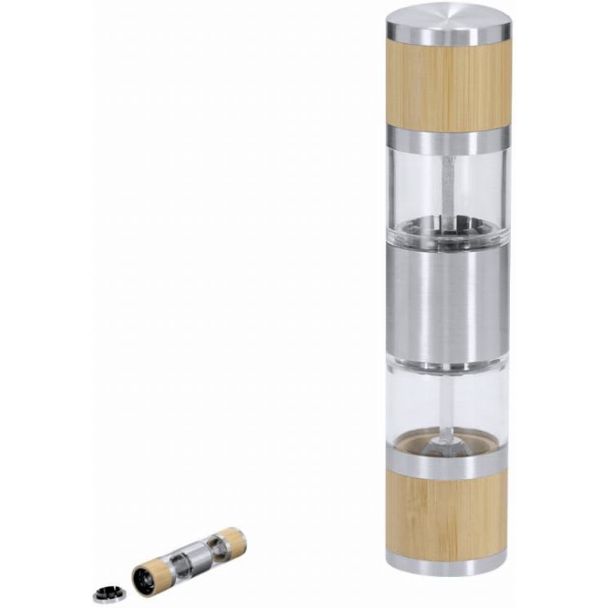 A tall, transparent spice grinder with bamboo and stainless steel accents, featuring a separate grinding mechanism beside it.