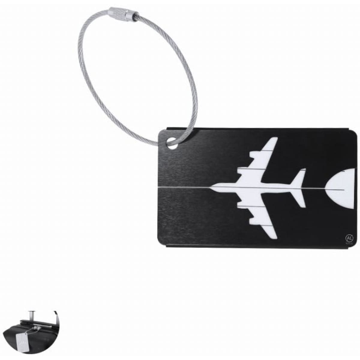 A luggage tag featuring a black and white airplane design, attached with a metal wire loop.