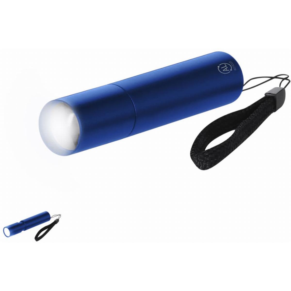 A blue torch with a wrist strap and a bright white light at the front. It has a sleek, cylindrical design.