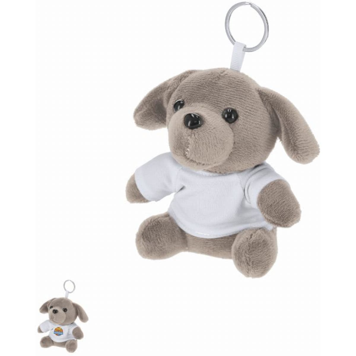 A grey plush dog keychain wearing a white shirt, featuring large black eyes and a soft body.