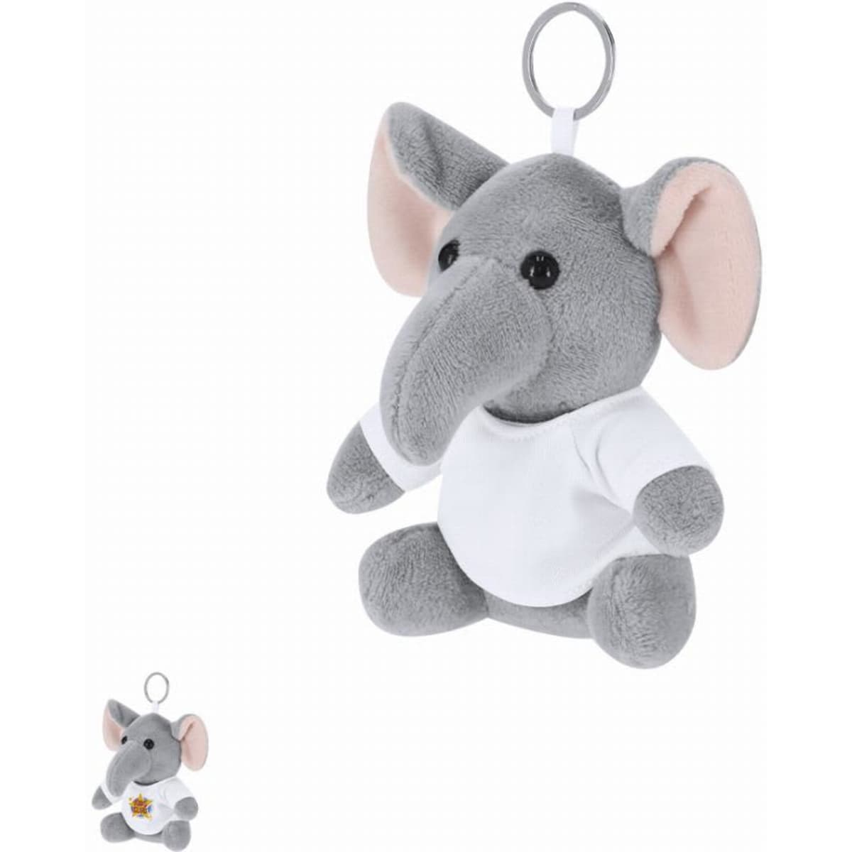 A plush grey elephant toy with large ears, wearing a white shirt, and attached to a keyring.