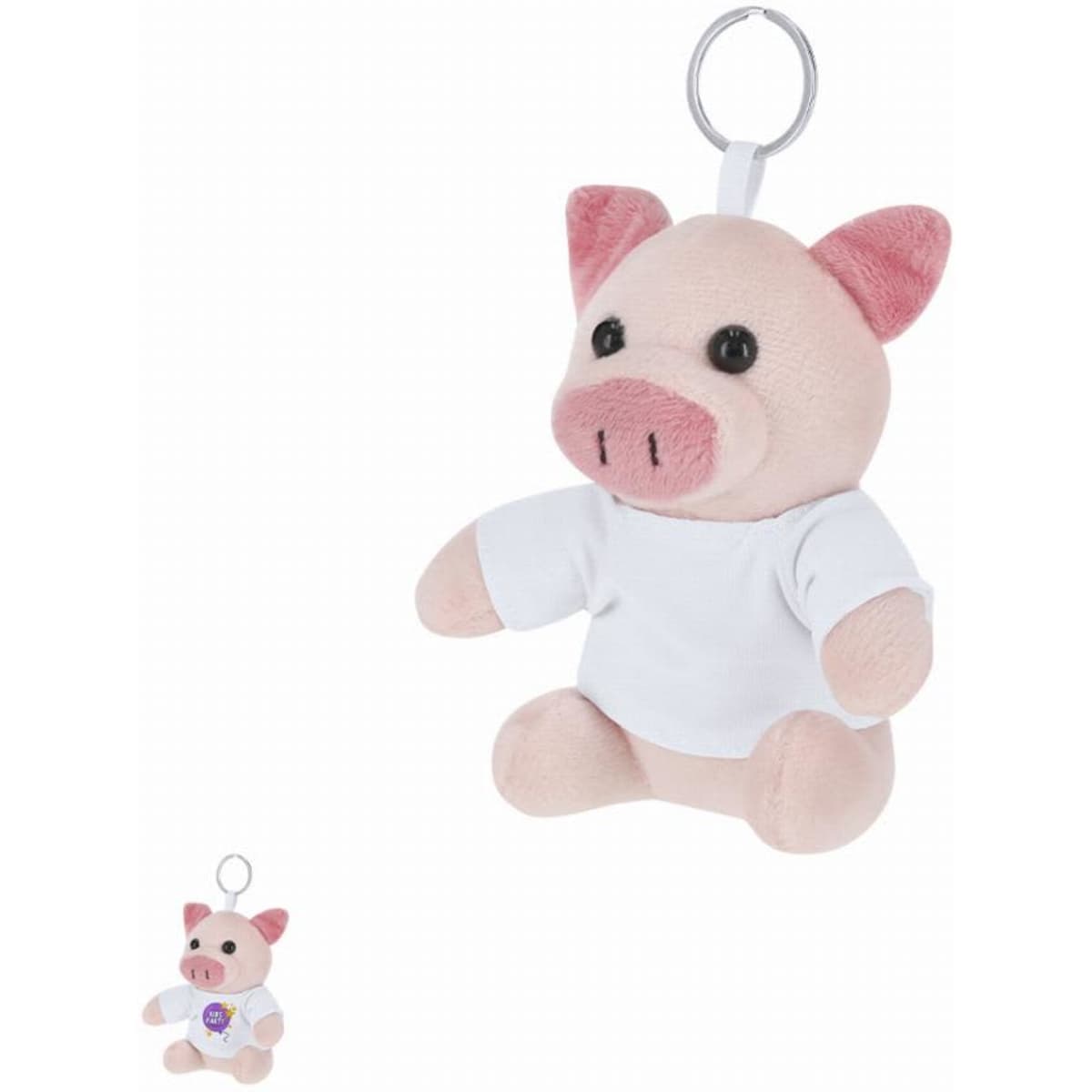 A plush toy pig in pink and beige, featuring a white shirt and a keyring attachment.