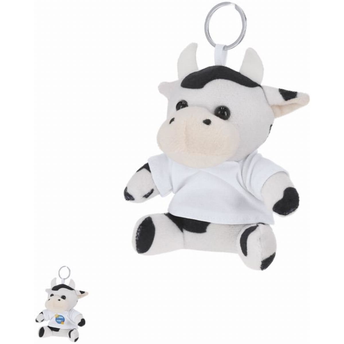 A plush toy cow with a keyring attachment, featuring a white shirt and black and white fur. It has an attached logo.