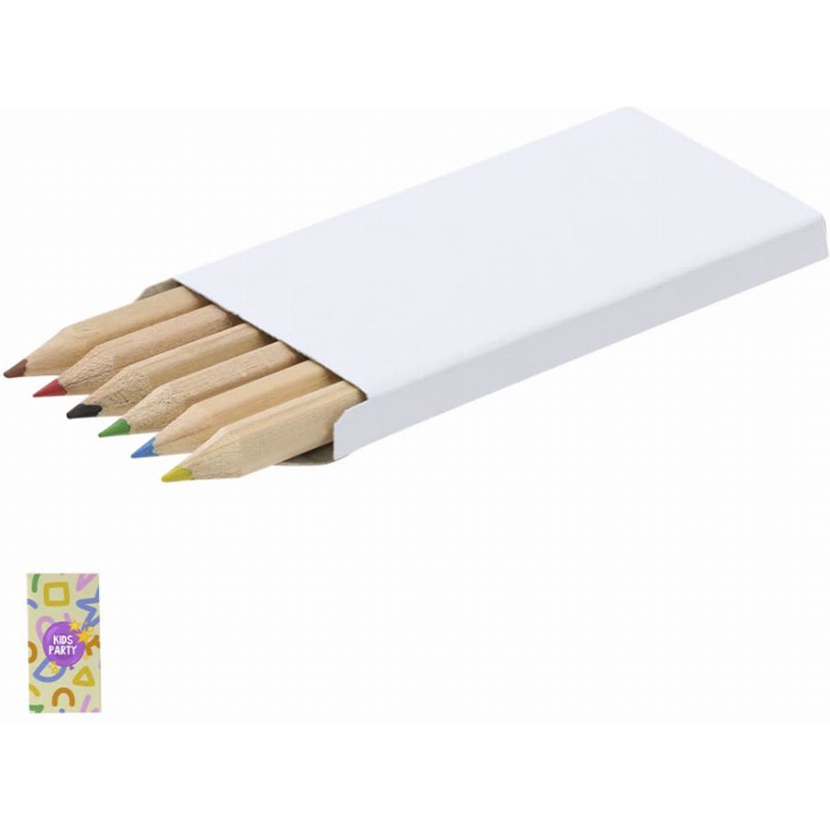 A set of coloured pencils in a white packaging, featuring shades of red, green, blue, yellow, and purple.