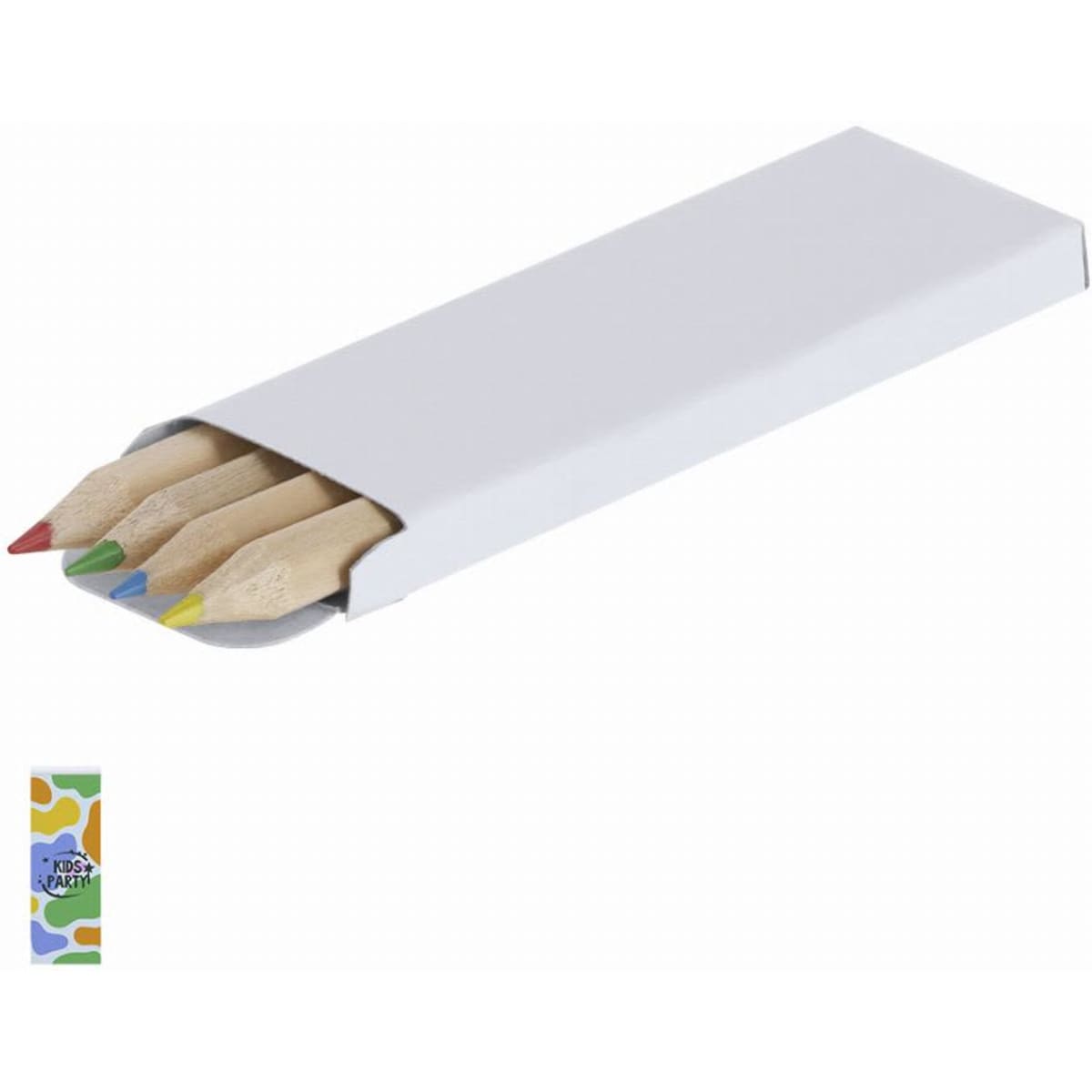 A set of coloured pencils in a white box, featuring red, green, yellow, and blue shades. The box has a logo.