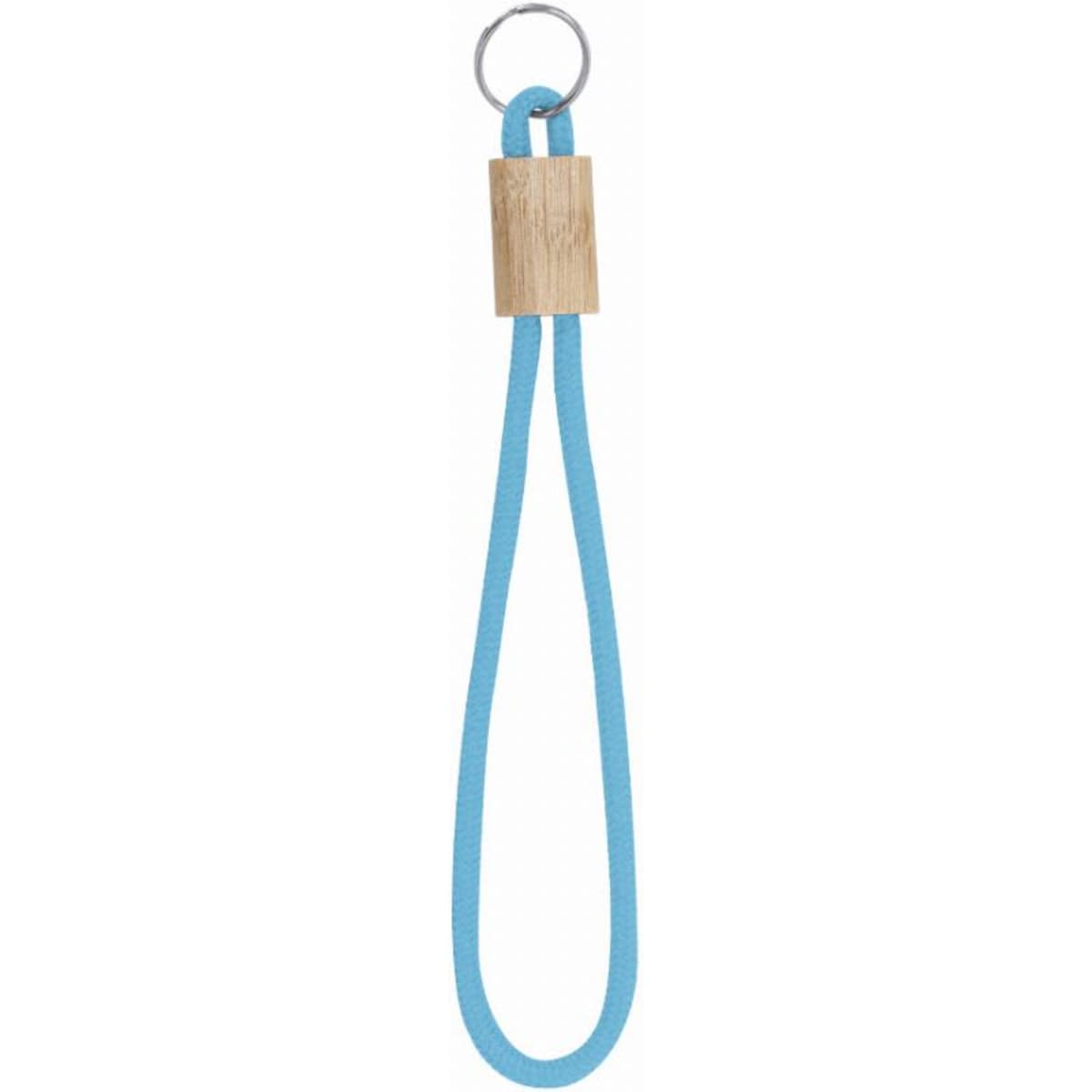 A blue strap with a wooden attachment and a metal ring, designed for easy carrying or securing items.