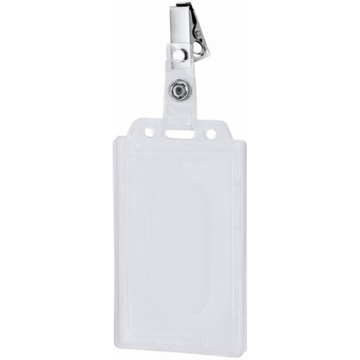 A clear plastic name badge holder with a metal clip for easy attachment. Suitable for displaying identification.