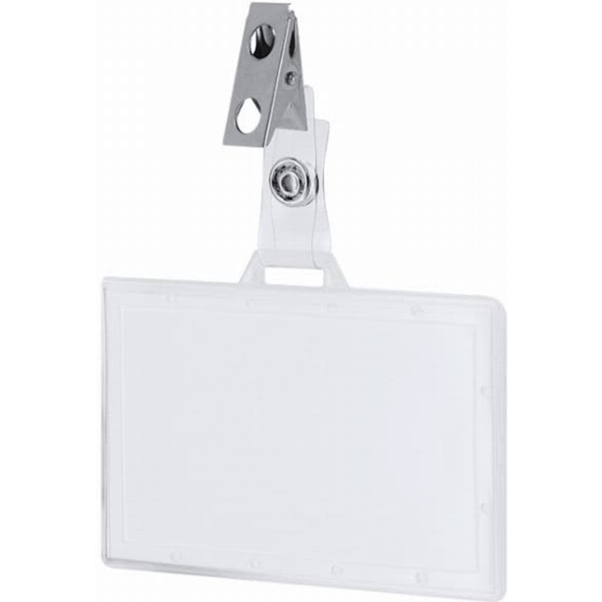 A badge holder with a silver clip and a clear, rectangular plastic insert for identification.