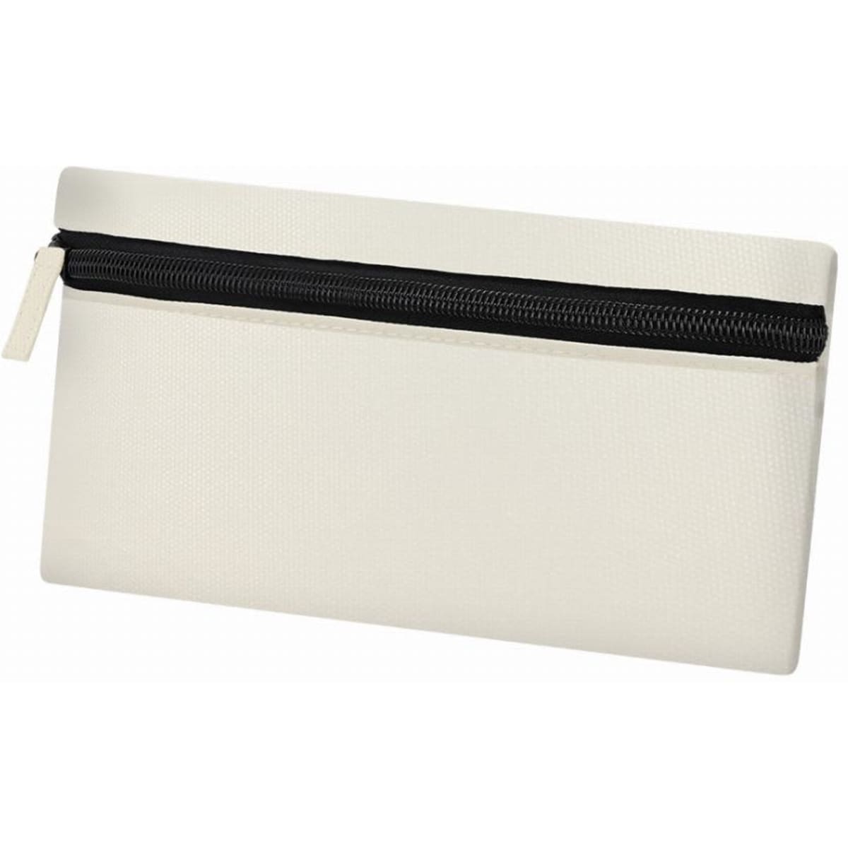 A zippered pouch in cream with a contrasting black zipper, featuring a smooth texture and minimalist design.