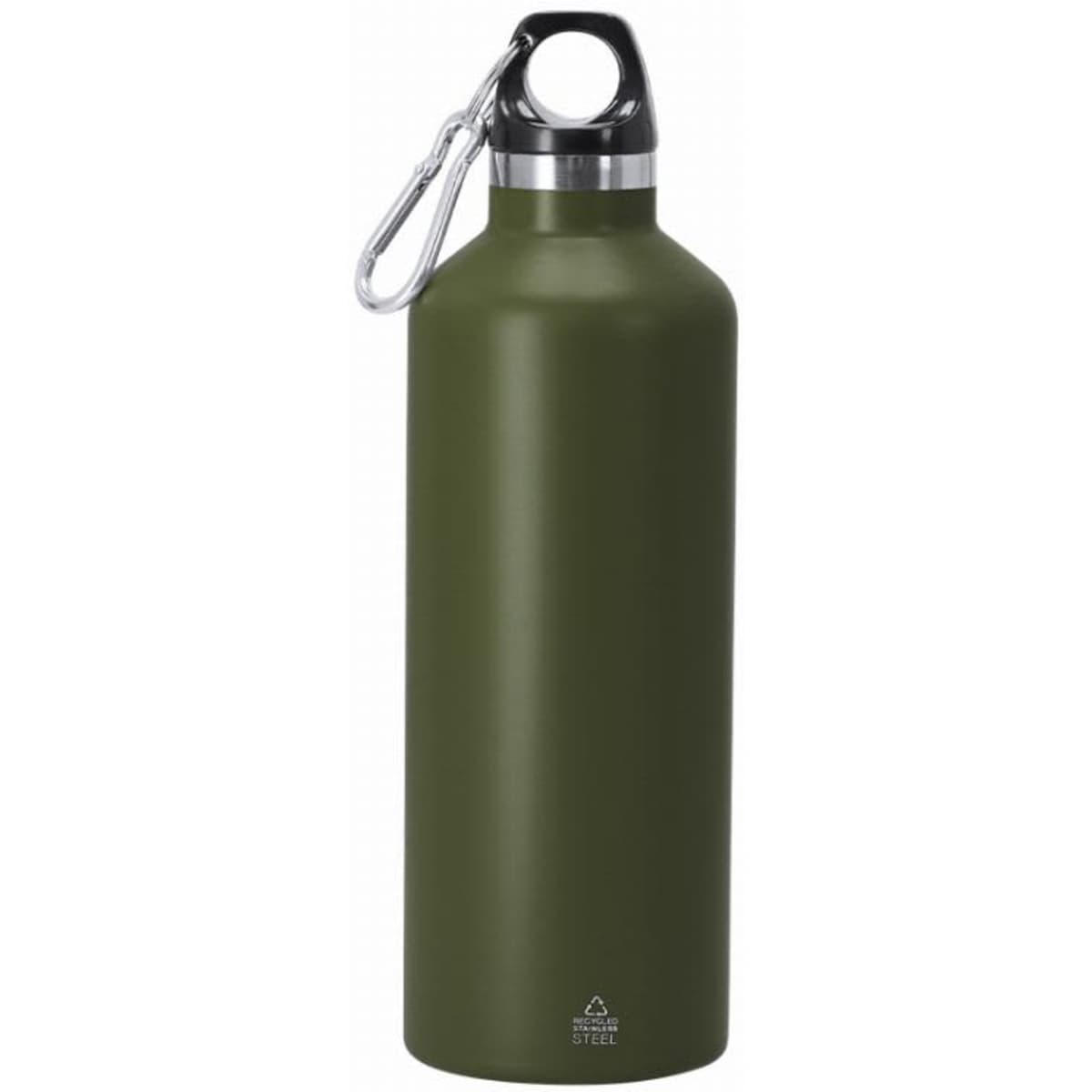 A drink bottle in matte olive green with a silver cap and carabiner clip, featuring a branding logo.