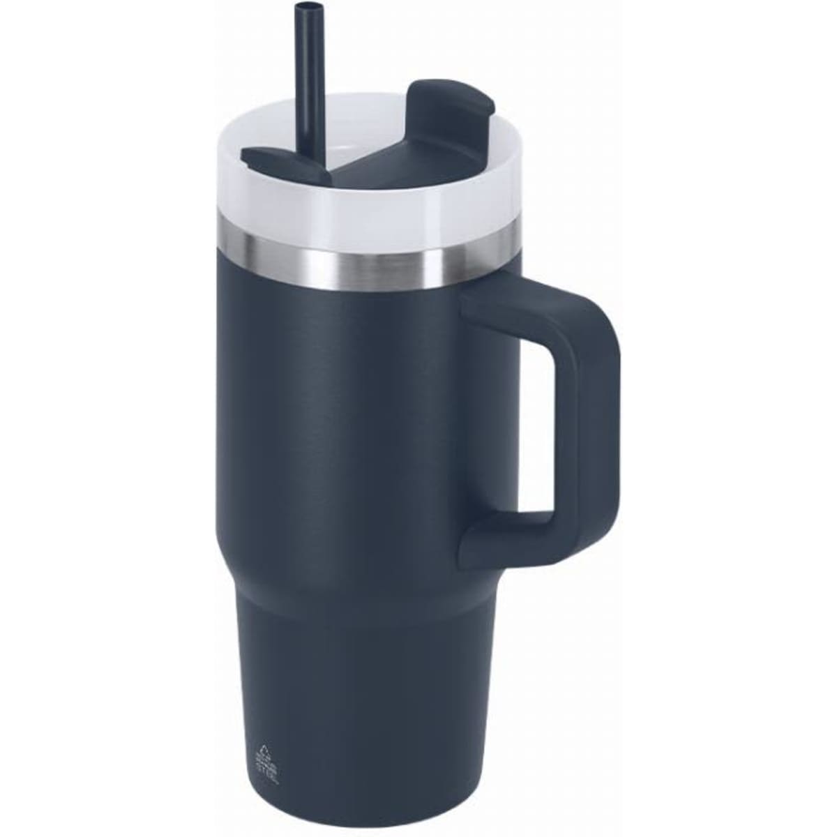 A drink bottle in navy blue with a stainless steel band, featuring a handle and a straw lid.