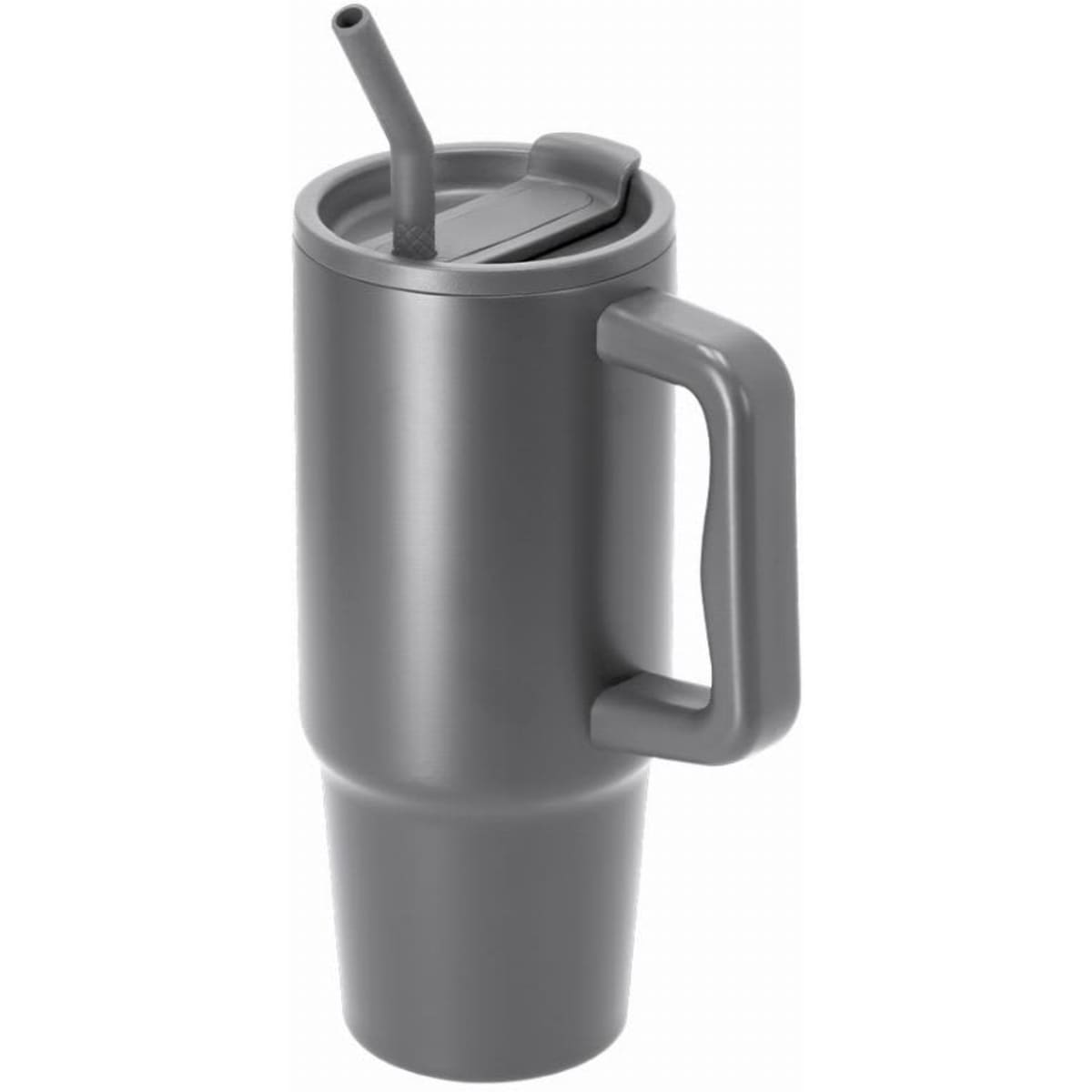A drink bottle in grey, featuring a handle, straw, and a secure lid design.