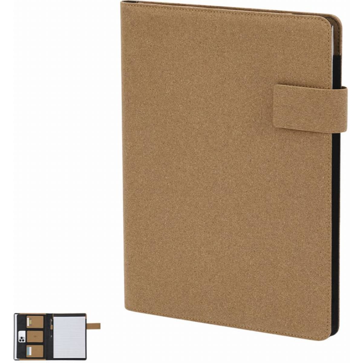 A notebook with a brown cover and a clasp, featuring a logo and a pocket for notes or cards.