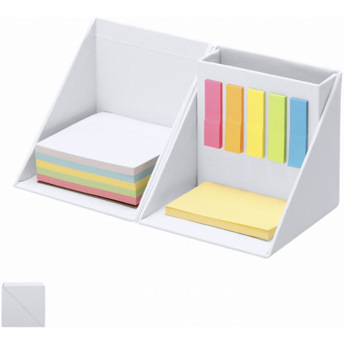 A desk organiser featuring a white design with various coloured sticky notes and page markers.