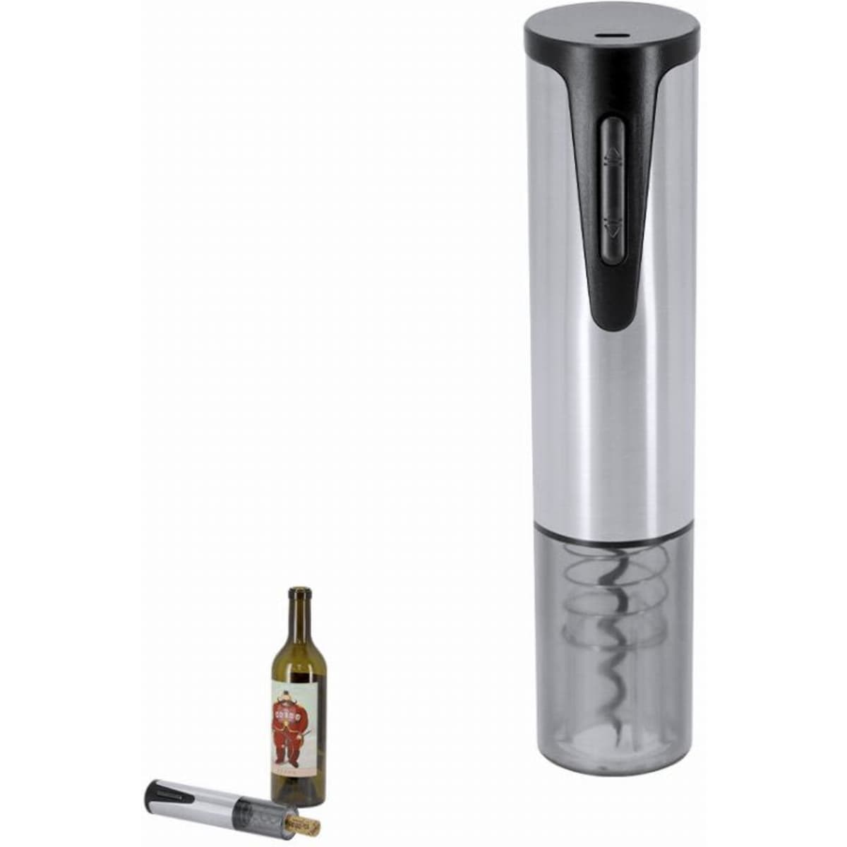 A drink bottle in silver and black with a built-in corkscrew, next to a bottle of wine. The product has a logo.