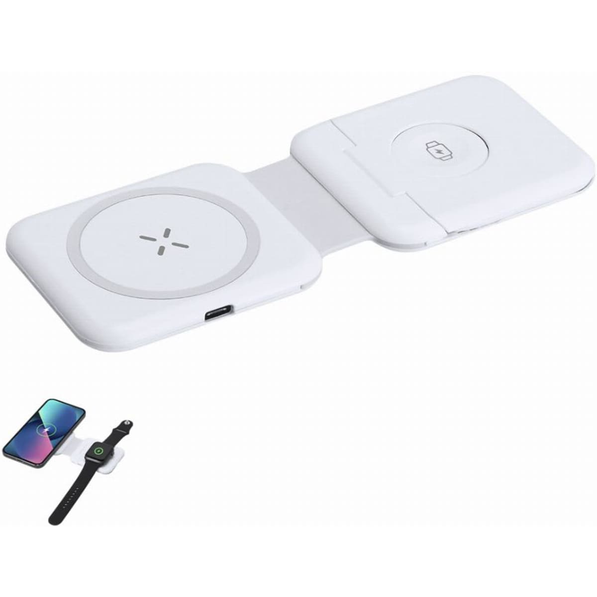 A white wireless charging pad with two sections, featuring a logo. Includes images of a smartphone and smartwatch.