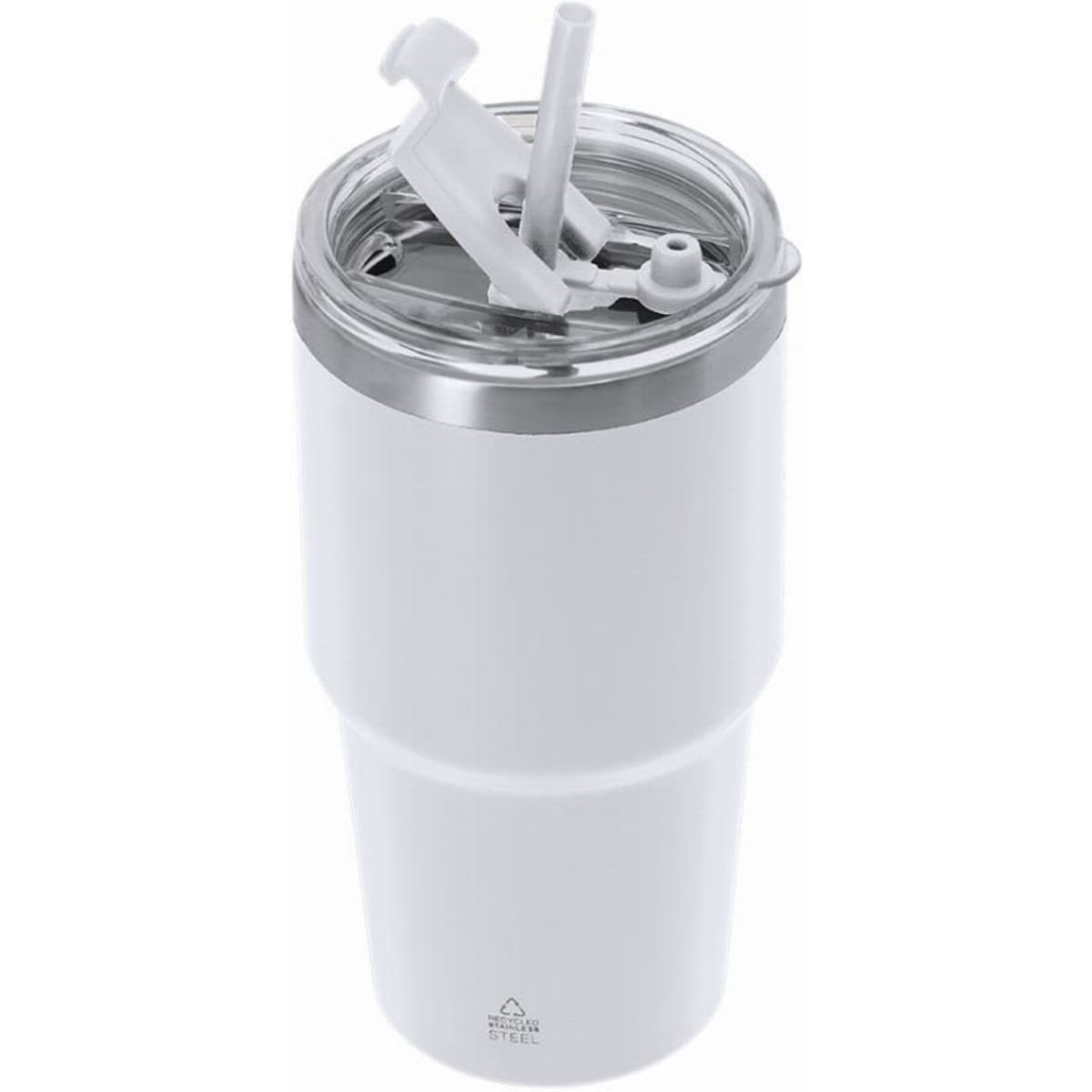A drink bottle in white with a silver rim, featuring a straw and a lid with two openings. It has a logo.